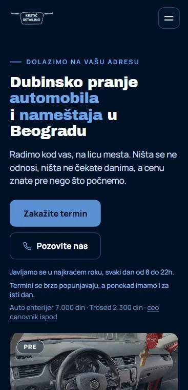 Sajt za dubinsko pranje vozila, prikaz na telefonu