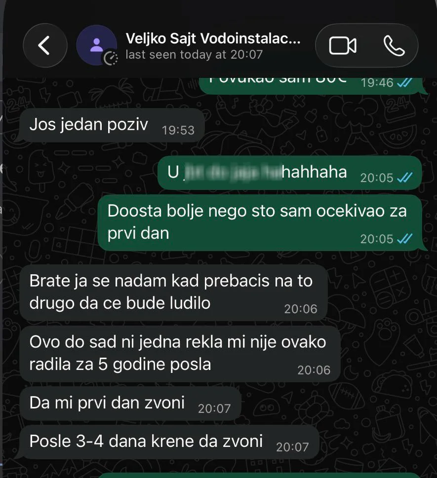 Poruka klijenta, vodoinstalater iz Beograda, prvo veče od lansiranja sajta
